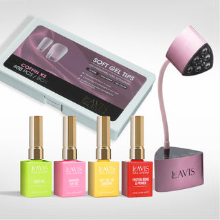 Lavis - Soft Gel Tips & Mini Desktop Nail Lamp Rose Gold Kit - Coffin XS Half Buffed
