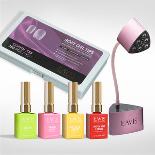 Lavis - Soft Gel Tips & Mini Desktop Nail Lamp Rose Gold Kit - Coffin XXS Full Etched