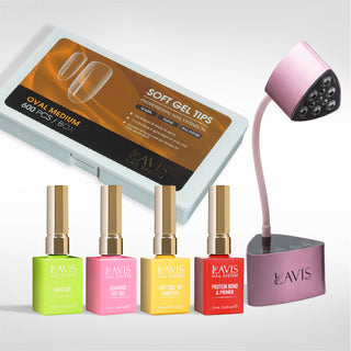 Lavis - Soft Gel Tips & Mini Desktop Nail Lamp Rose Gold Kit - Oval Medium Clear