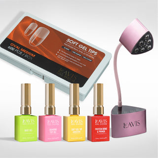 Lavis - Soft Gel Tips & Mini Desktop Nail Lamp Rose Gold Kit - Oval Medium Half Buffed