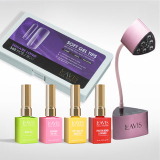 Lavis - Soft Gel Tips & Mini Desktop Nail Lamp Rose Gold Kit - Square Long Clear
