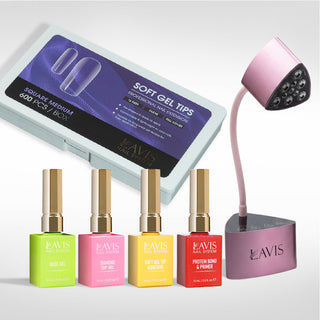 Lavis - Soft Gel Tips & Mini Desktop Nail Lamp Rose Gold Kit - Square Medium Clear