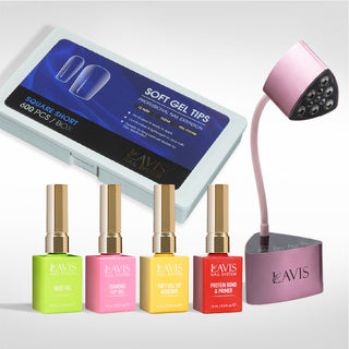Lavis - Soft Gel Tips & Mini Desktop Nail Lamp Rose Gold Kit - Square Short Clear