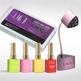 Lavis - Soft Gel Tips & Mini Desktop Nail Lamp Rose Gold Kit - Square Short Clear Round Corner