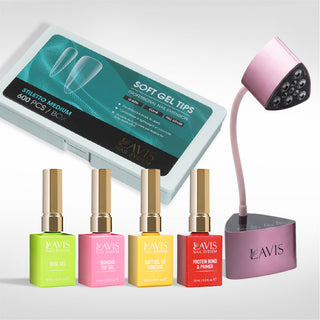 Lavis - Soft Gel Tips & Mini Desktop Nail Lamp Rose Gold Kit - Stiletto Medium Clear