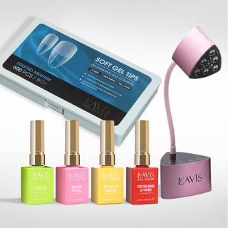 Lavis - Soft Gel Tips & Mini Desktop Nail Lamp Rose Gold Kit - Stiletto Medium Half Buffed