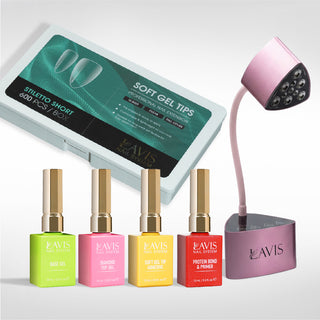 Lavis - Soft Gel Tips & Mini Desktop Nail Lamp Rose Gold Kit - Stiletto Short Clear