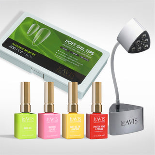 Lavis - Soft Gel Tips & Mini Desktop Nail Lamp Silver Kit - Almond Medium Clear