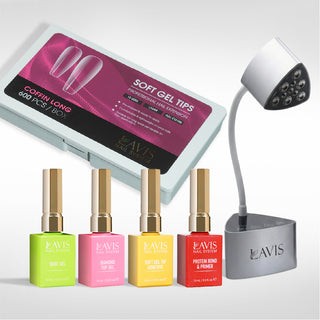 Lavis - Soft Gel Tips & Mini Desktop Nail Lamp Silver Kit - Coffin Long Clear