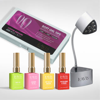 Lavis - Soft Gel Tips & Mini Desktop Nail Lamp Silver Kit - Coffin Medium Clear