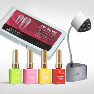 Lavis - Soft Gel Tips & Mini Desktop Nail Lamp Silver Kit - Coffin Medium Half Buffed