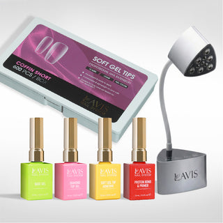 Lavis - Soft Gel Tips & Mini Desktop Nail Lamp Silver Kit - Coffin Short Clear