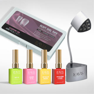 Lavis - Soft Gel Tips & Mini Desktop Nail Lamp Silver Kit - Coffin XS Half Buffed