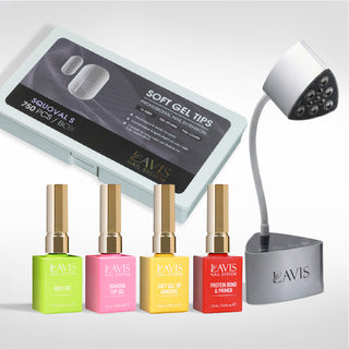 Lavis - Soft Gel Tips & Mini Desktop Nail Lamp Silver Kit - Squoval S Full Etched