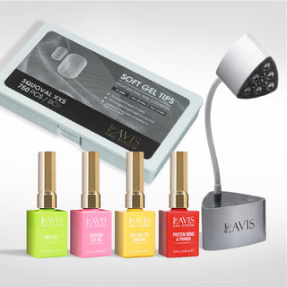 Lavis - Soft Gel Tips & Mini Desktop Nail Lamp Silver Kit - Squoval XXS Full Etched