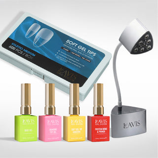 Lavis - Soft Gel Tips & Mini Desktop Nail Lamp Silver Kit - Stiletto Medium Half Buffed
