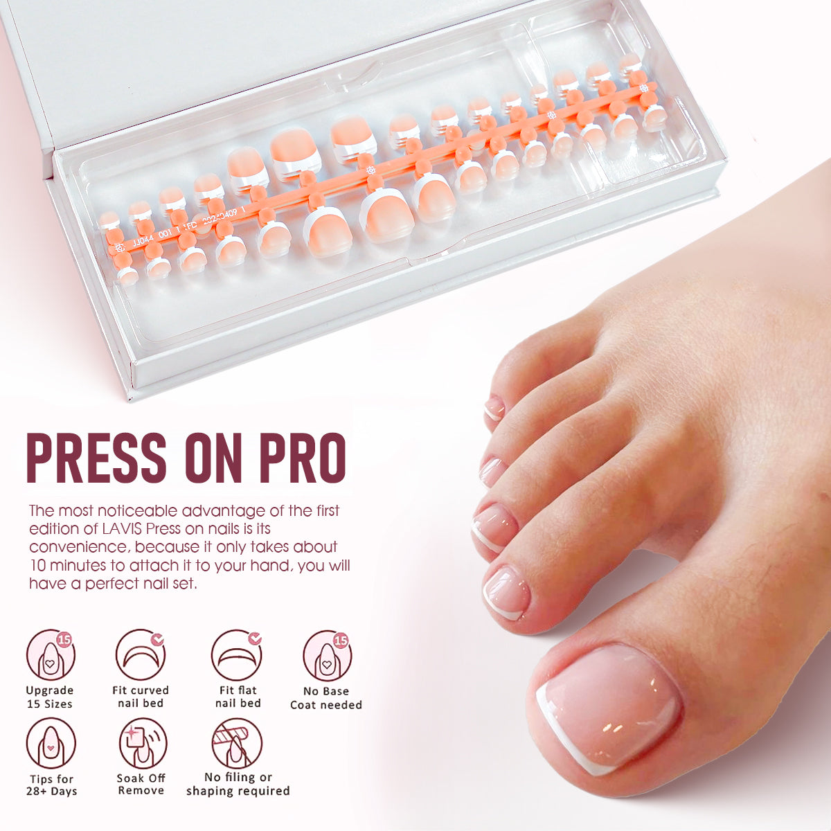 LAVIS Press On Pro - Toe Nail French White