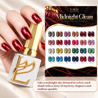LAVIS Cat Eyes C18 - Set 24 Colors - Gel Polish 0.5 oz - Midnight Gleam Collection + FREE Sample Color Board + FREE LAVIS Aurora Chrome Powder Jar + FREE A'DOR Drip Gloss Base & Top Coat Set