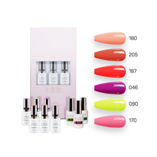 Lavis Summer Collection Gel Set 5: 6 Gel Polishes, 1 Base Gel, 1 Top Gel, 1 Protein Bond & Primer - 180; 205; 187; 046; 090; 170 - DTK Nail Supply