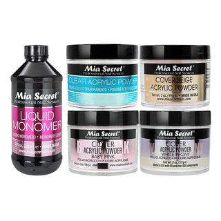 Mia Secret Kit 5: White Acrylic Powder, Cover Baby Pink, Cover Beige, Clear Acrylic Powder 2oz, Nail Liquid Monomer - DTK Nail Supply