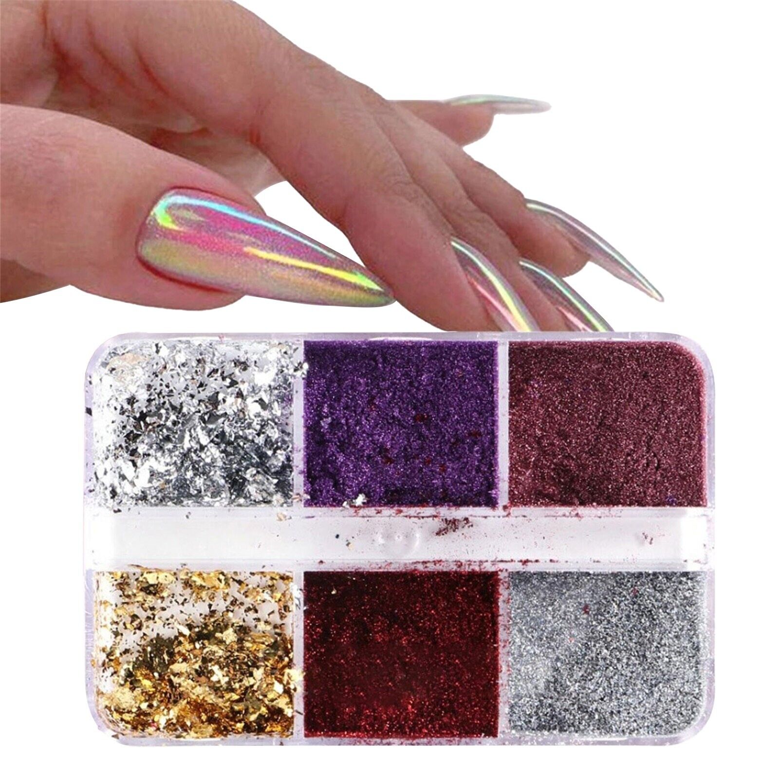 6 Grids of Mixed Nail Art - Chrome & Foil - 1909-40 - #2 Purple/Red