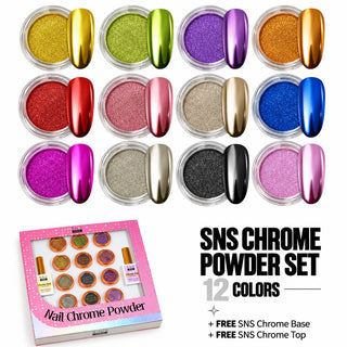 SNS Chrome Powder - Set 12 Colors with SNS Chrome Base & Chrome Top