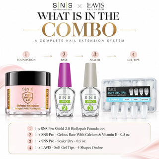 SNS Pro Shield 2.0 Combo - BioRepair Foundation, Gelous Base, Sealer Dry 0.5oz, LAVIS Soft Gel Tips 4 Shapes