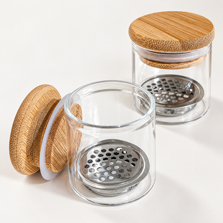 Nail Art Brush Washing Cup - Glass with Bamboo Lid and Steel Mesh