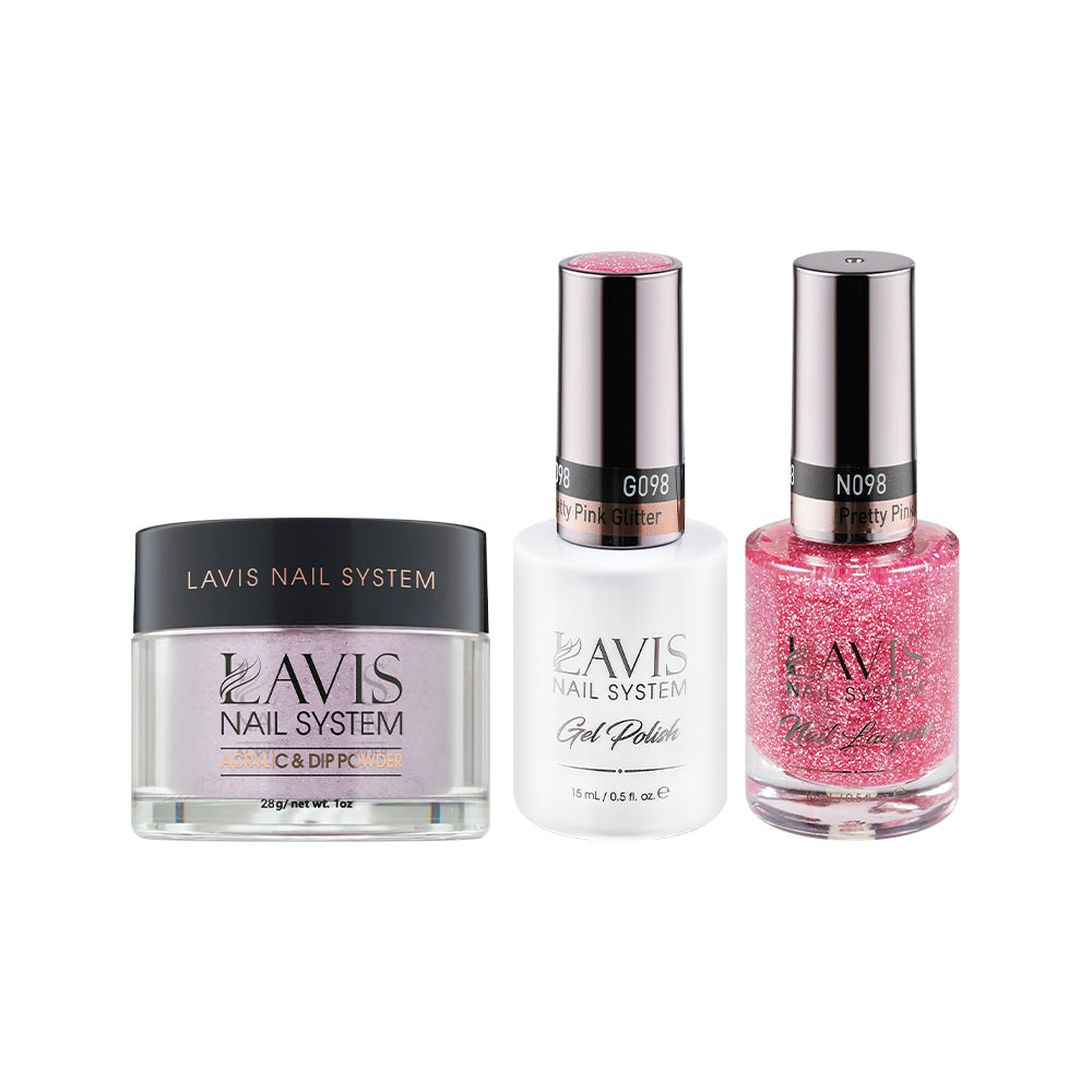 LAVIS 3 in 1 - 098 Pretty Pink Glitter - Acrylic & Dip Powder (1oz), Gel & Lacquer