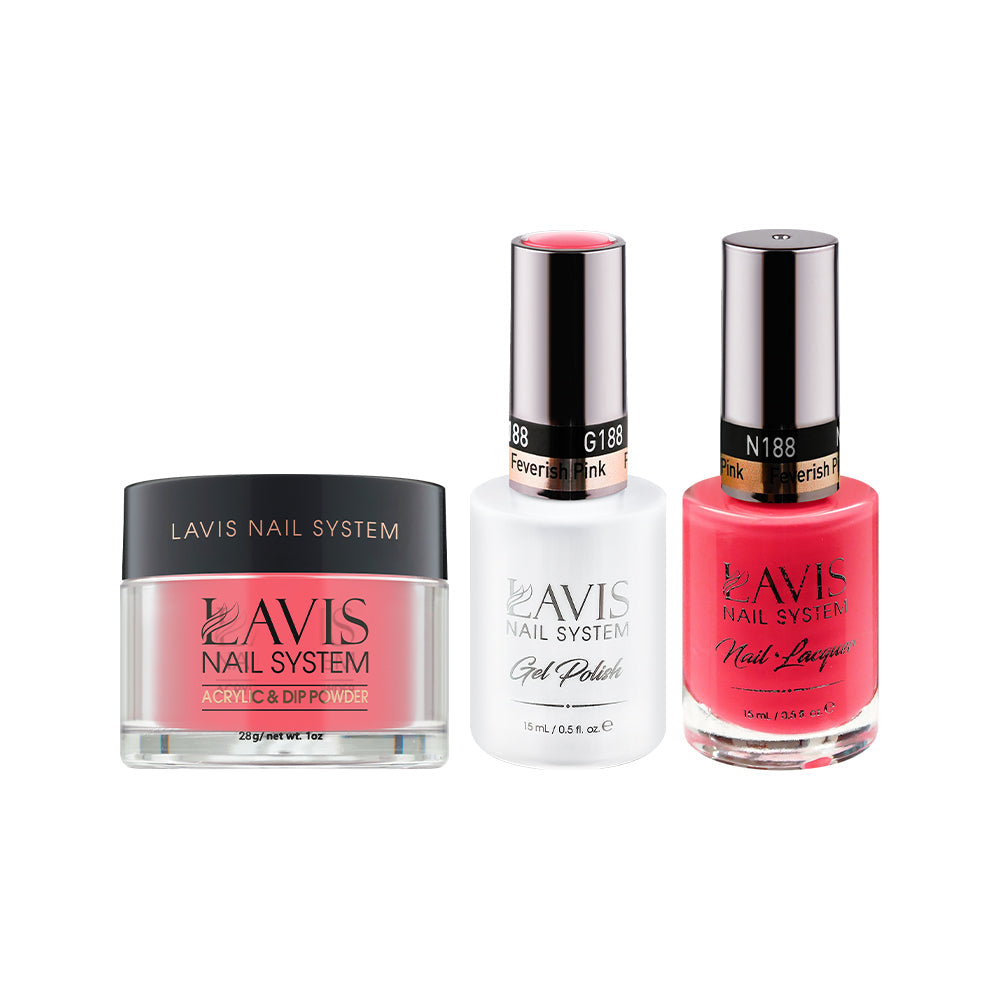 LAVIS 3 in 1 - 188 Feverish Pink  - Acrylic & Dip Powder (1oz), Gel & Lacquer