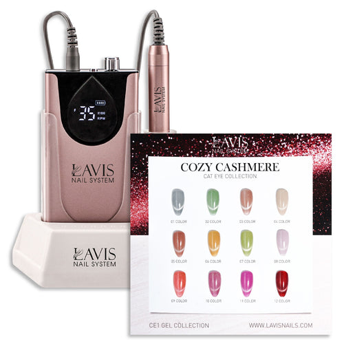 1 Lavis Nail Drill Rose Gold & 1 Set Cozy Cashmere Cat Eye Collection (12 colors)
