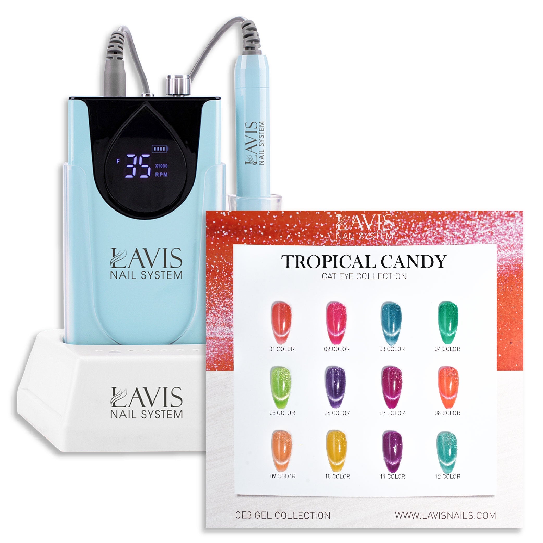 1 Lavis Nail Drill Blue & 1 Set Tropical Candy Cat Eye Collection (12 colors)