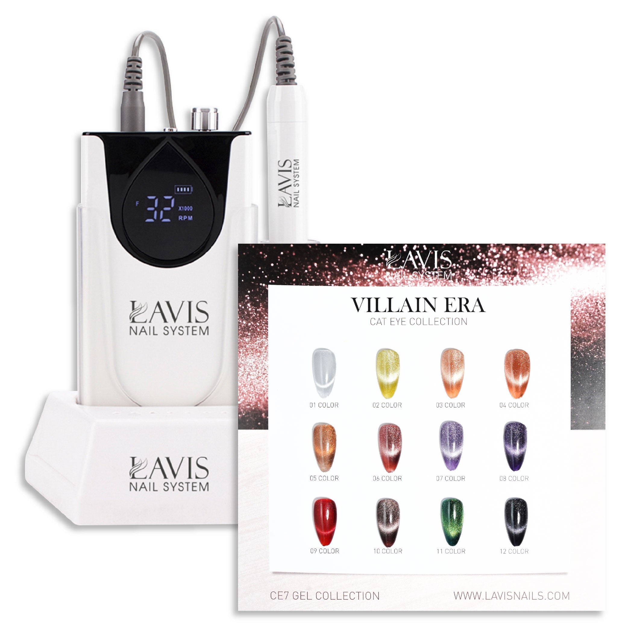 1 Lavis Nail Drill White & 1 Set Villain Era Cat Eye Collection (12 colors)