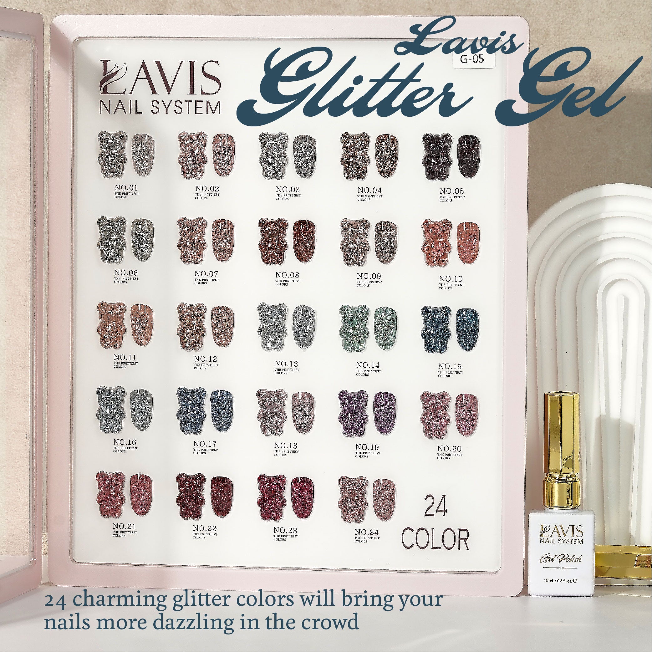 LAVIS Glitter G05 - Set 24 - Gel Polish 0.5oz - Champagne Toast Glitter Collection