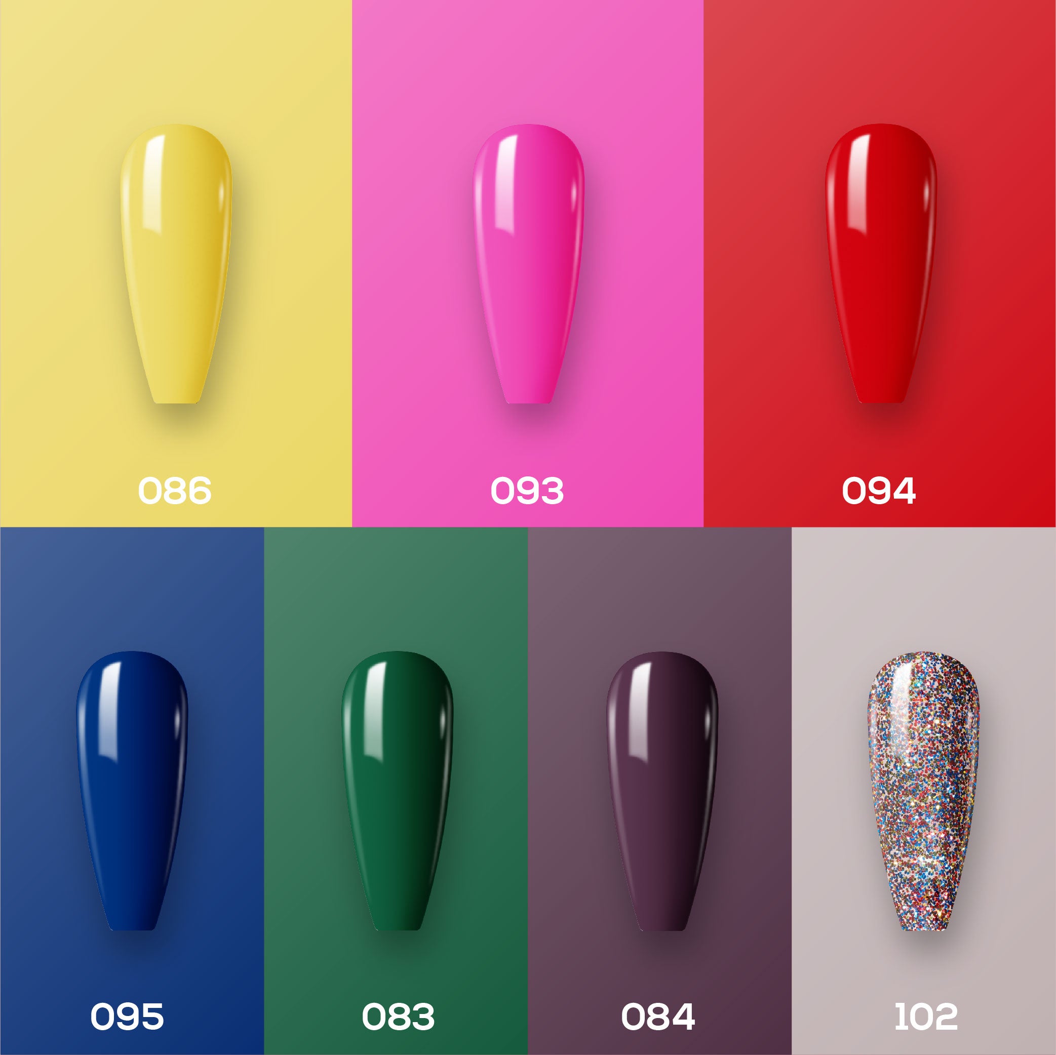 Lavis Holiday Collection: 7 Gel Polishes, 1 Base Gel, 1 Top Gel - THE ESSENTIALS - 086, 093, 094, 095, 083, 084, 102 + BT