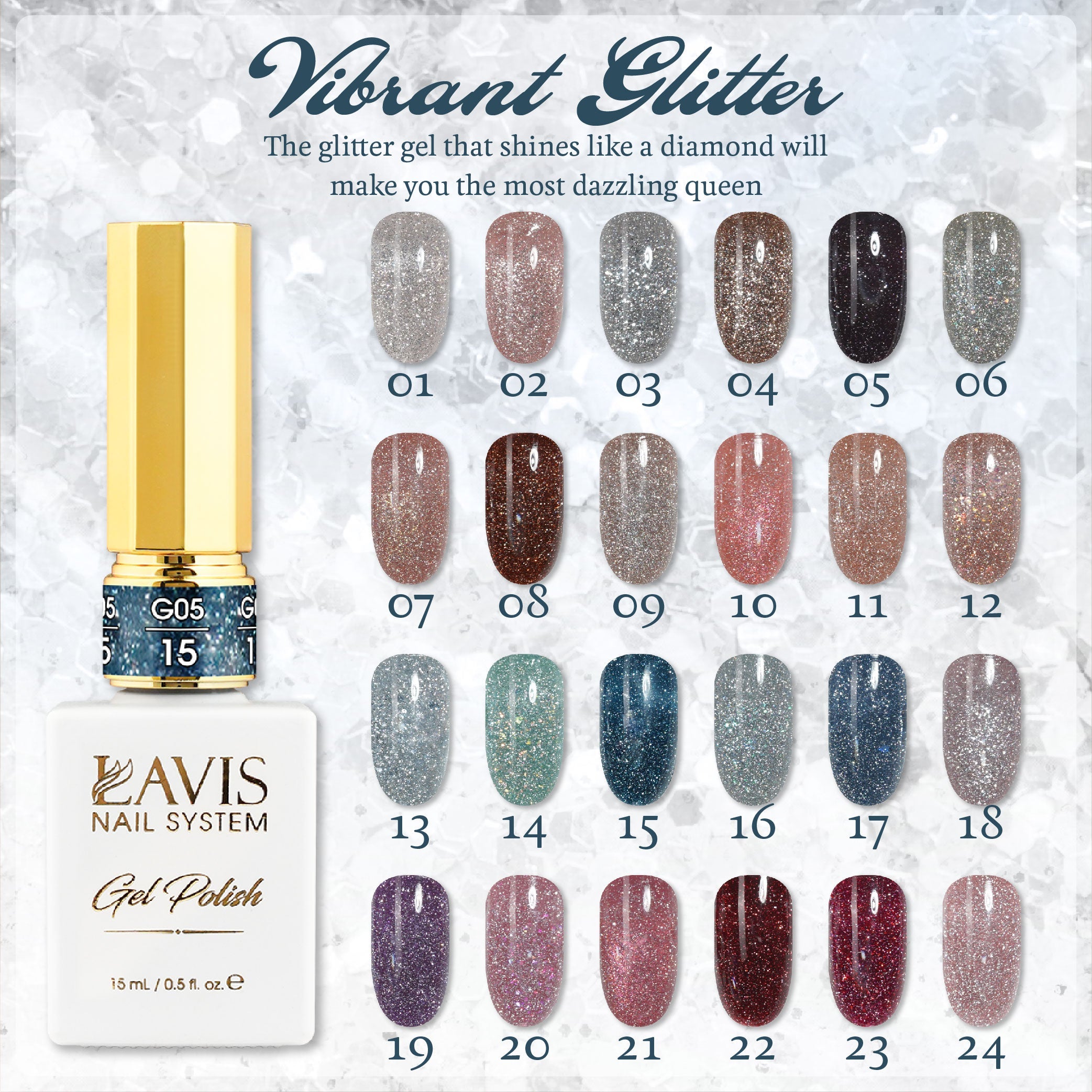 LAVIS Glitter G05 - 07 - Gel Polish 0.5oz - Champagne Toast Glitter Collection