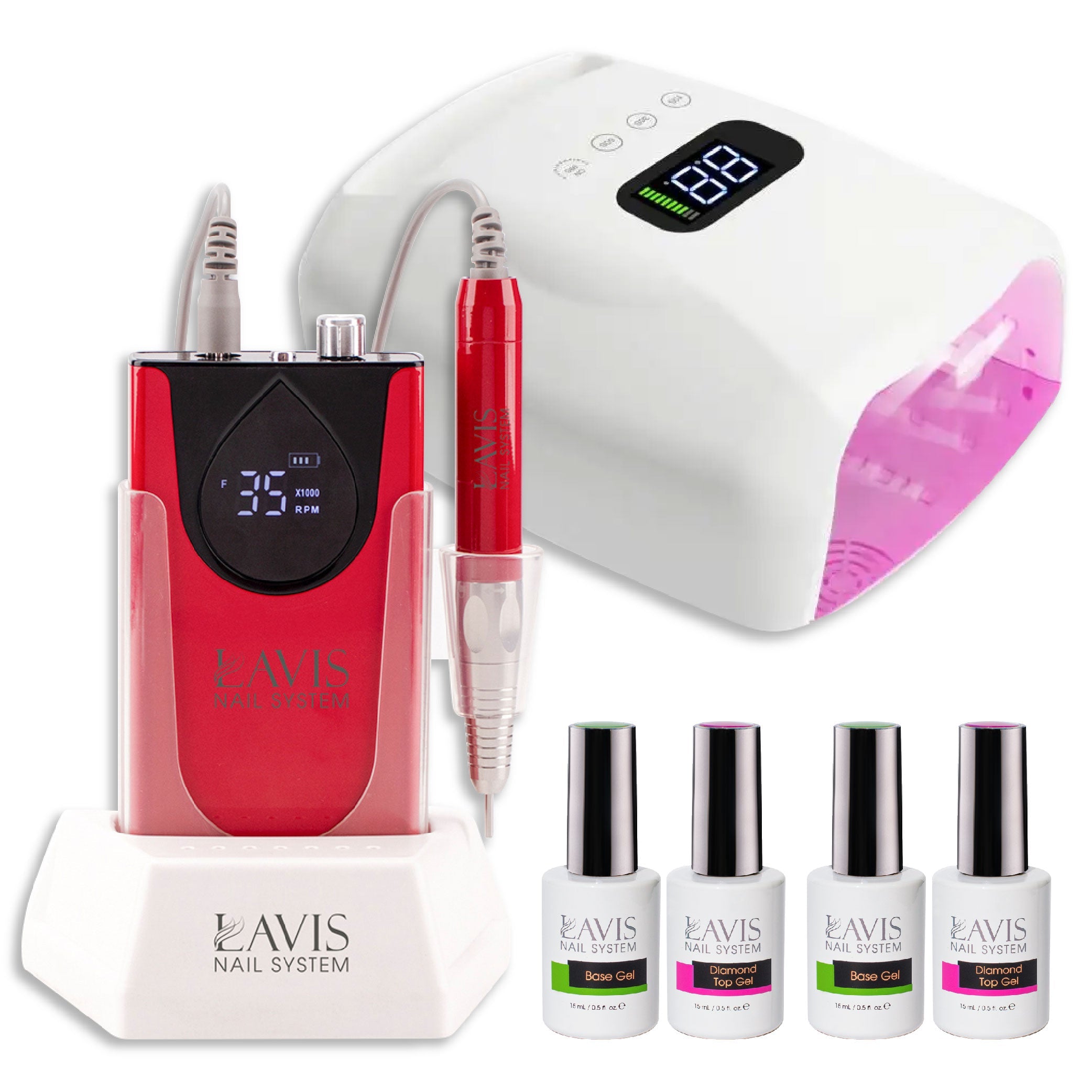 1 Lavis Nail Drill & 1 Lamp Rechargeable Cordless LED/UV Nail Lamps 96W - Red