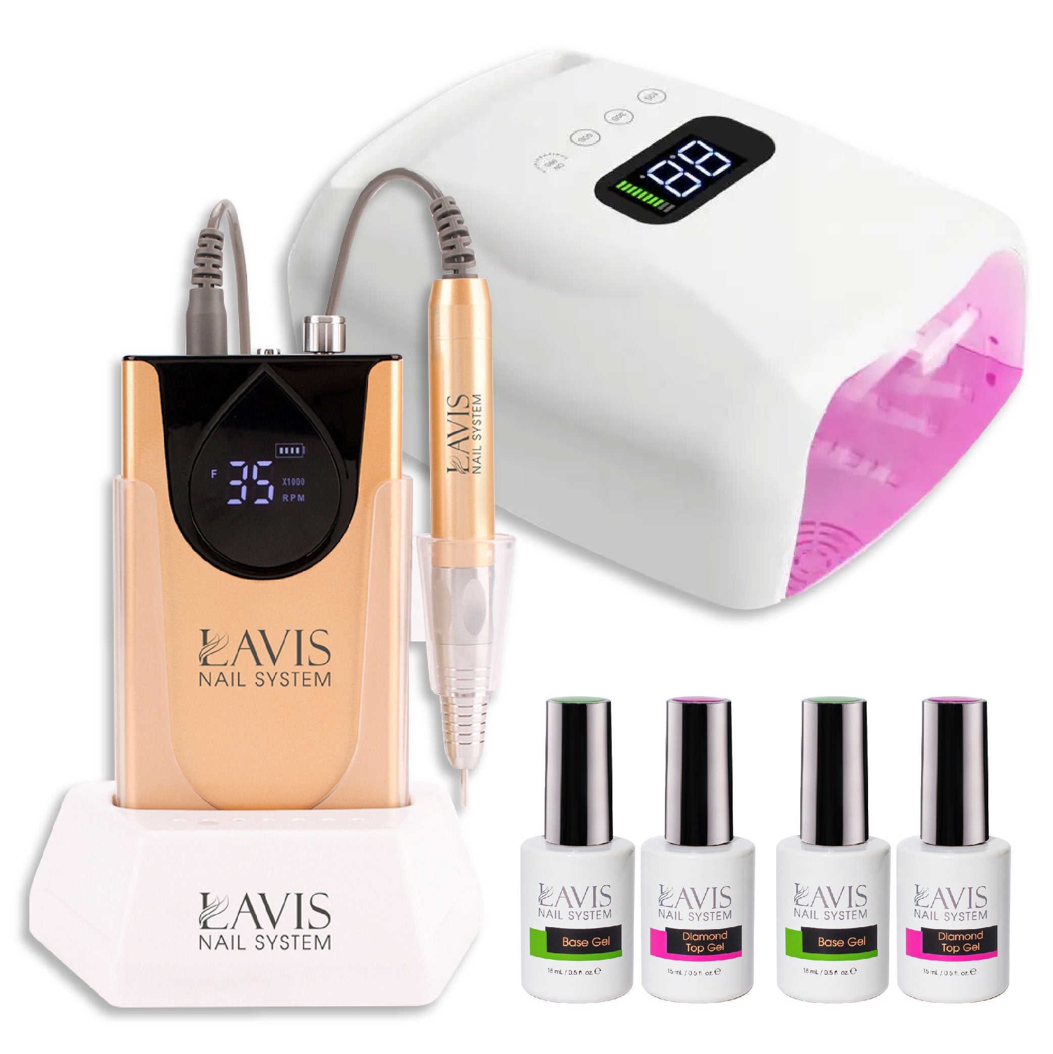 1 Lavis Nail Drill & 1 Lamp Rechargeable Cordless LED/UV Nail Lamps 96W - Gold