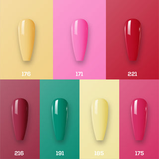 Lavis Holiday Collection: 7 Gel Polishes, 1 Base Gel, 1 Top Gel - Set 12 - 176, 171, 221, 216, 191, 185, 175 + BT