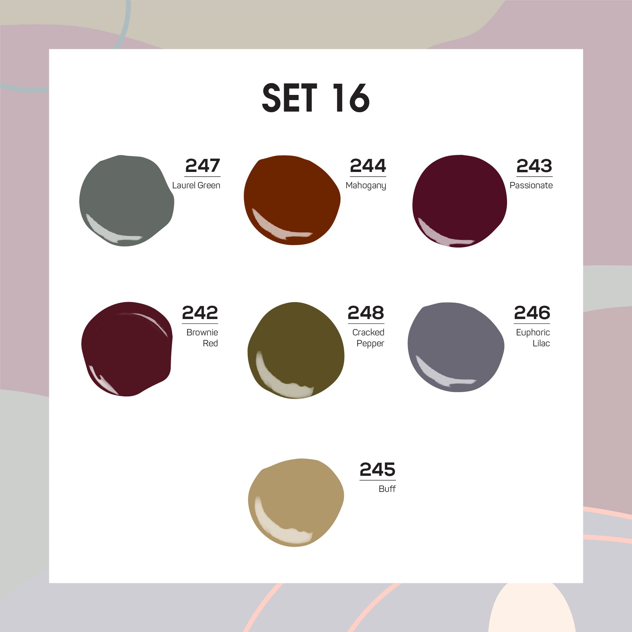 Lavis Holiday Collection: 7 Gel Polishes, 1 Base Gel, 1 Top Gel - Set 16 - 247, 244, 243, 242, 248, 246, 245 + BT