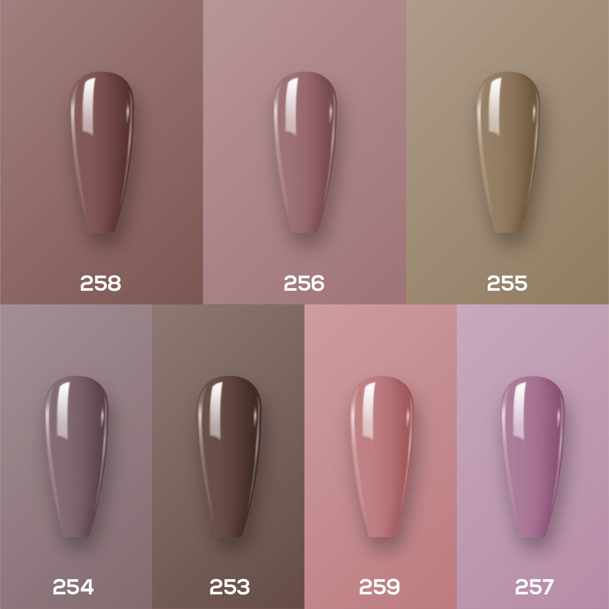 Lavis Holiday Collection: 7 Gel Polishes, 1 Base Gel, 1 Top Gel - Set 17 - 258, 256, 255, 254, 253, 259, 257 + BT