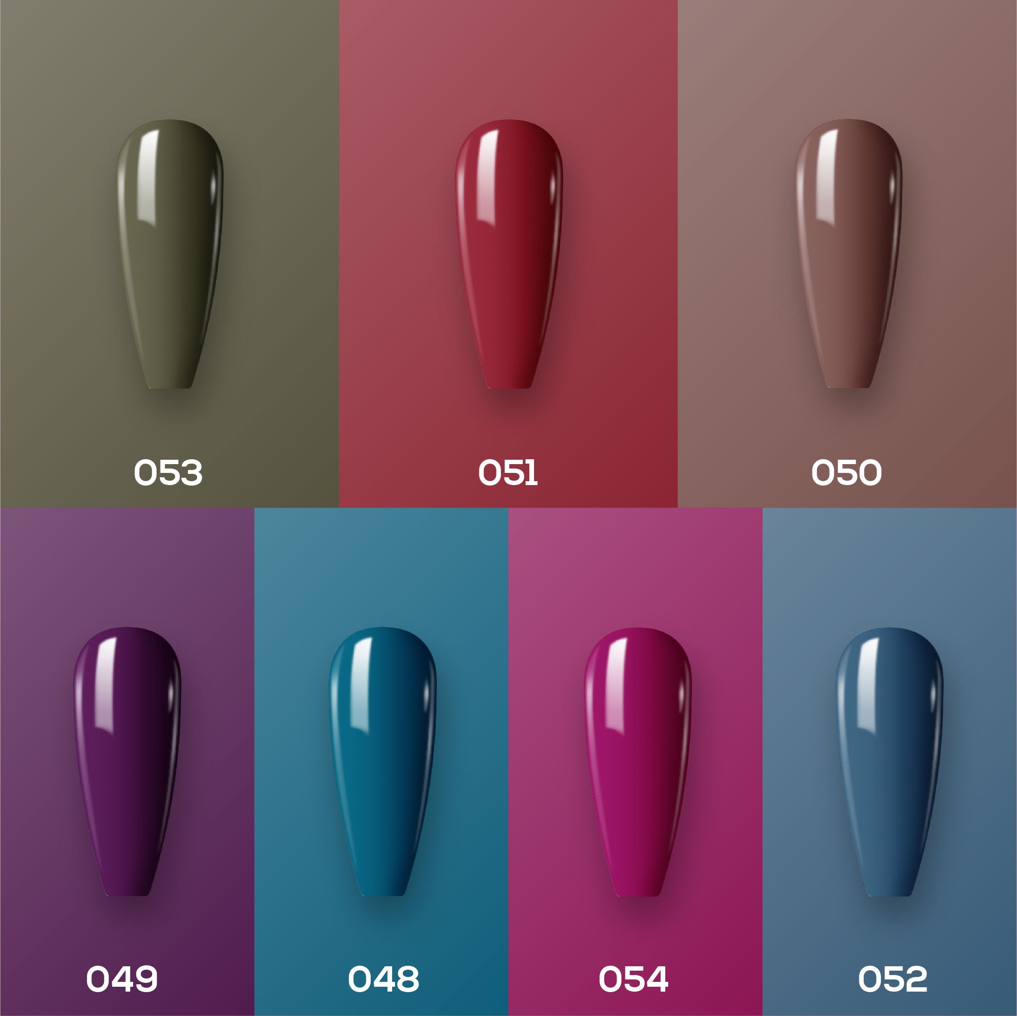 Lavis Holiday Collection: 7 Gel Polishes, 1 Base Gel, 1 Top Gel - Set 20 - 053, 051, 050, 049, 048, 054, 052 + BT