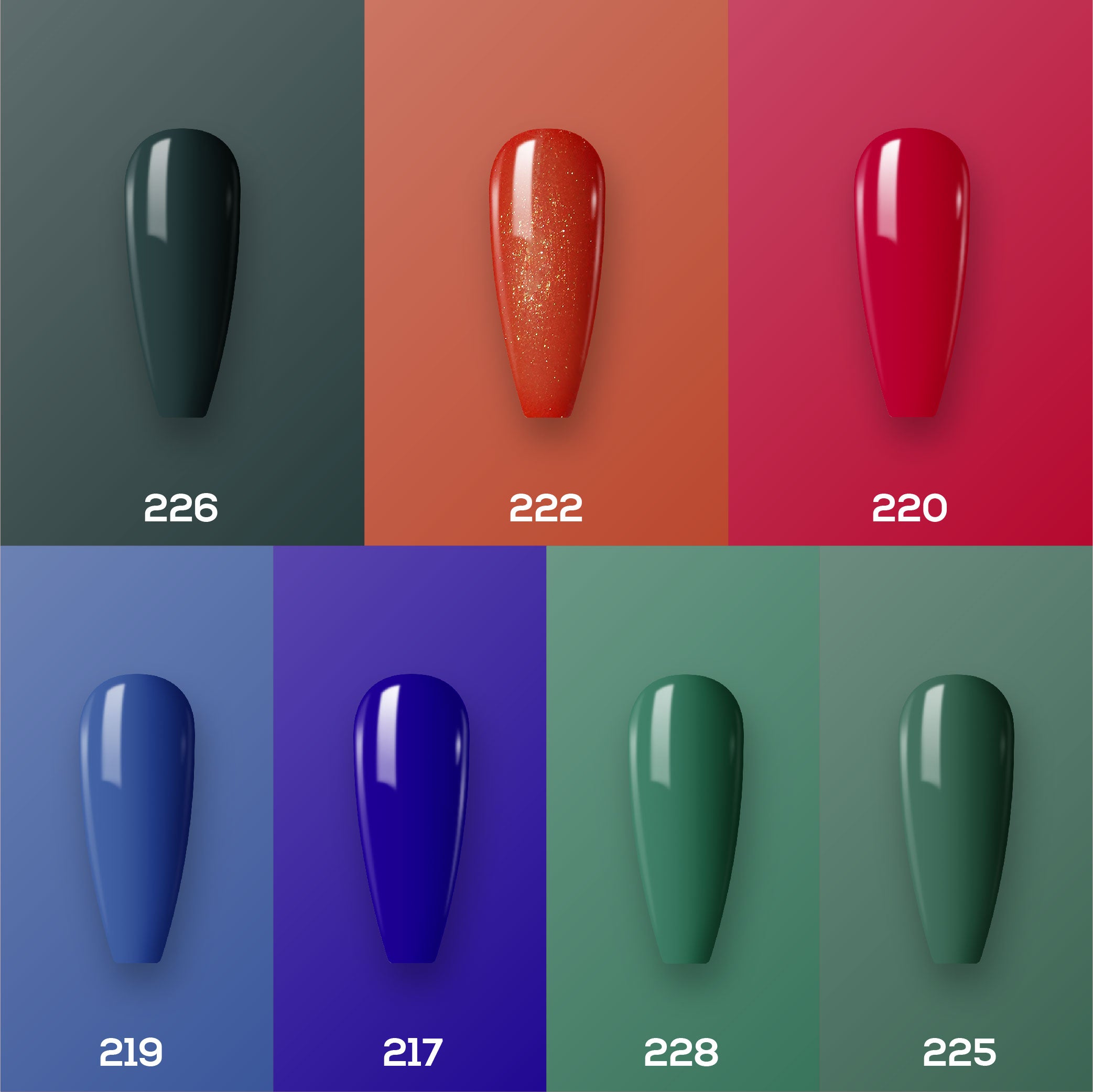 Lavis Holiday Collection: 7 Gel Polishes, 1 Base Gel, 1 Top Gel - Set 23 - 226, 222, 220, 219, 217, 228, 225 + BT