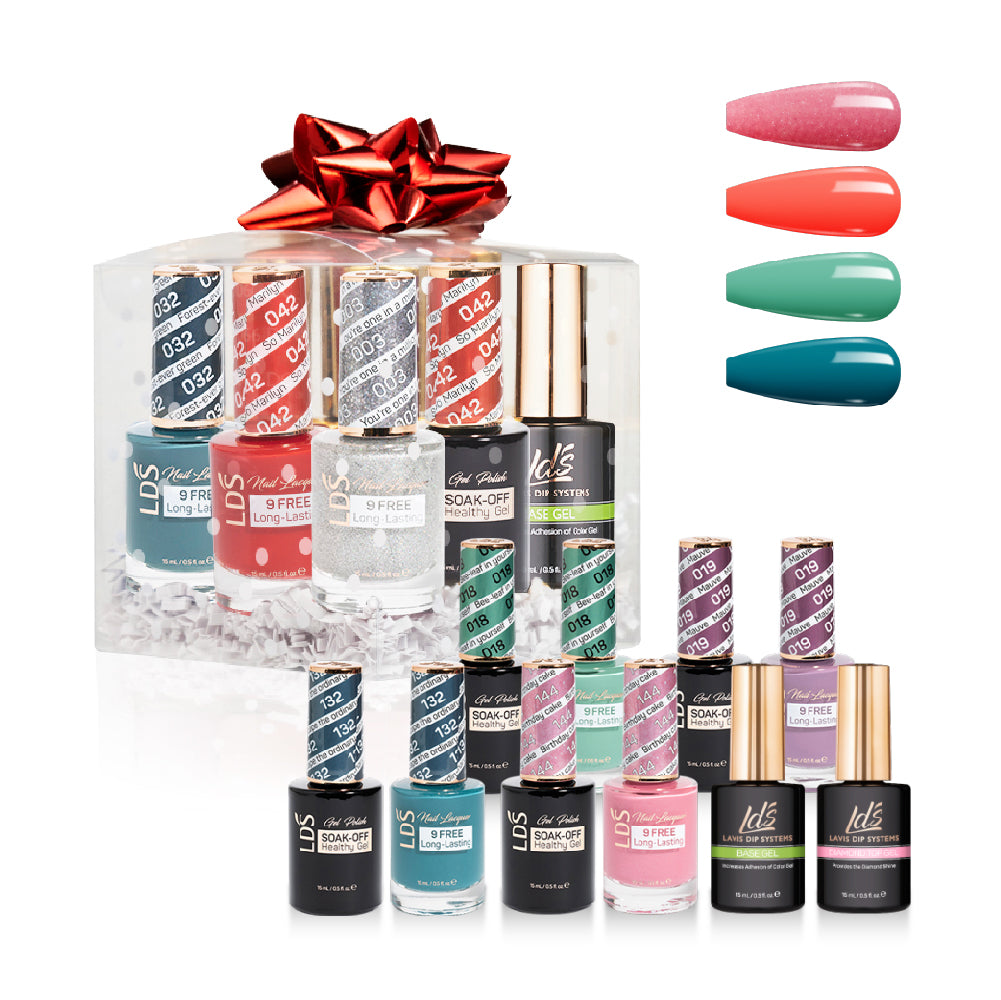 LDS Holiday Gift Bubdle: 4 Gel & Lacquer, 1 Base Gel, 1 Top Gel - 018, 019, 132, 144