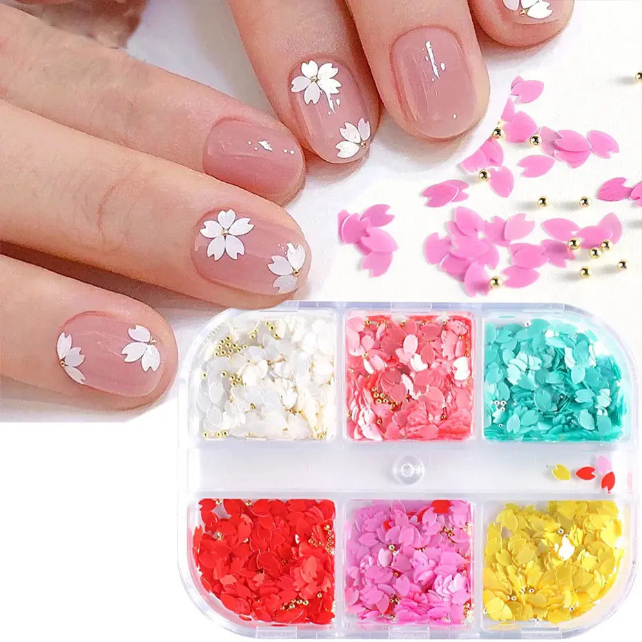 3D Flower Nail Charms for Acrylic Nails, 6 Grids 3D Nail Flowers Rhinestone  White Black Blue Cherry Blossom Acrylic Spring Nail Art Supplies with
