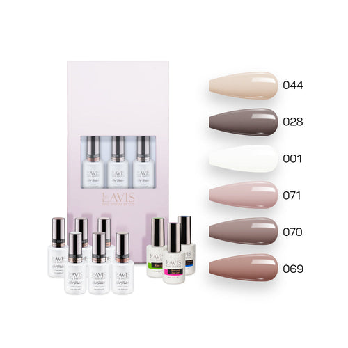 Lavis Nude Pastel 2022 Collection Gel Set 4: 6 Gel Polishes, 1 Base Gel, 1 Top Gel, 1 Protein Bond & Primer - 044; 028; 001; 071; 070; 069