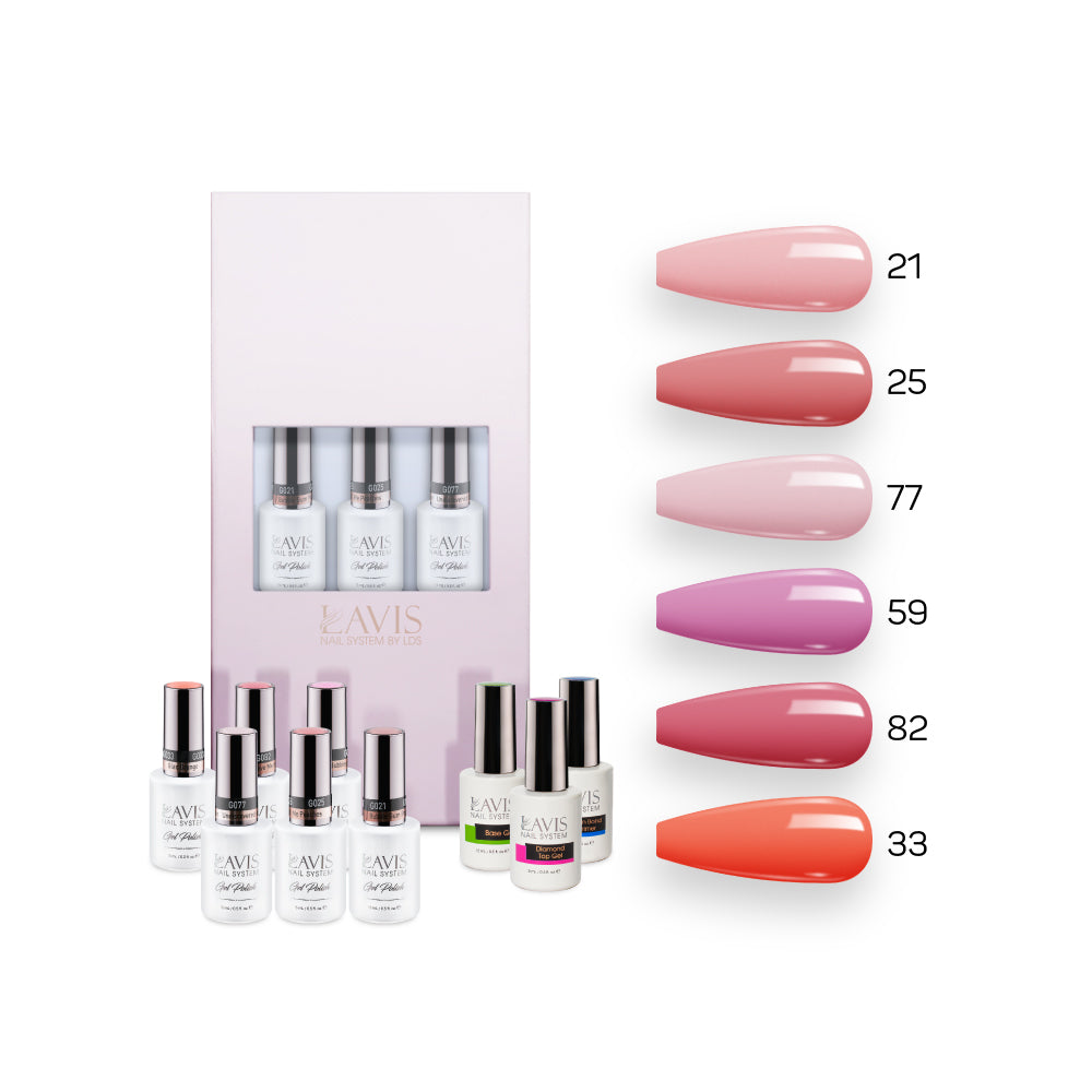 Lavis Nude Pastel 2022 Collection Gel Set 6: 6 Gel Polishes, 1 Base Gel, 1 Top Gel, 1 Protein Bond & Primer - 021; 025; 077; 059; 082; 033