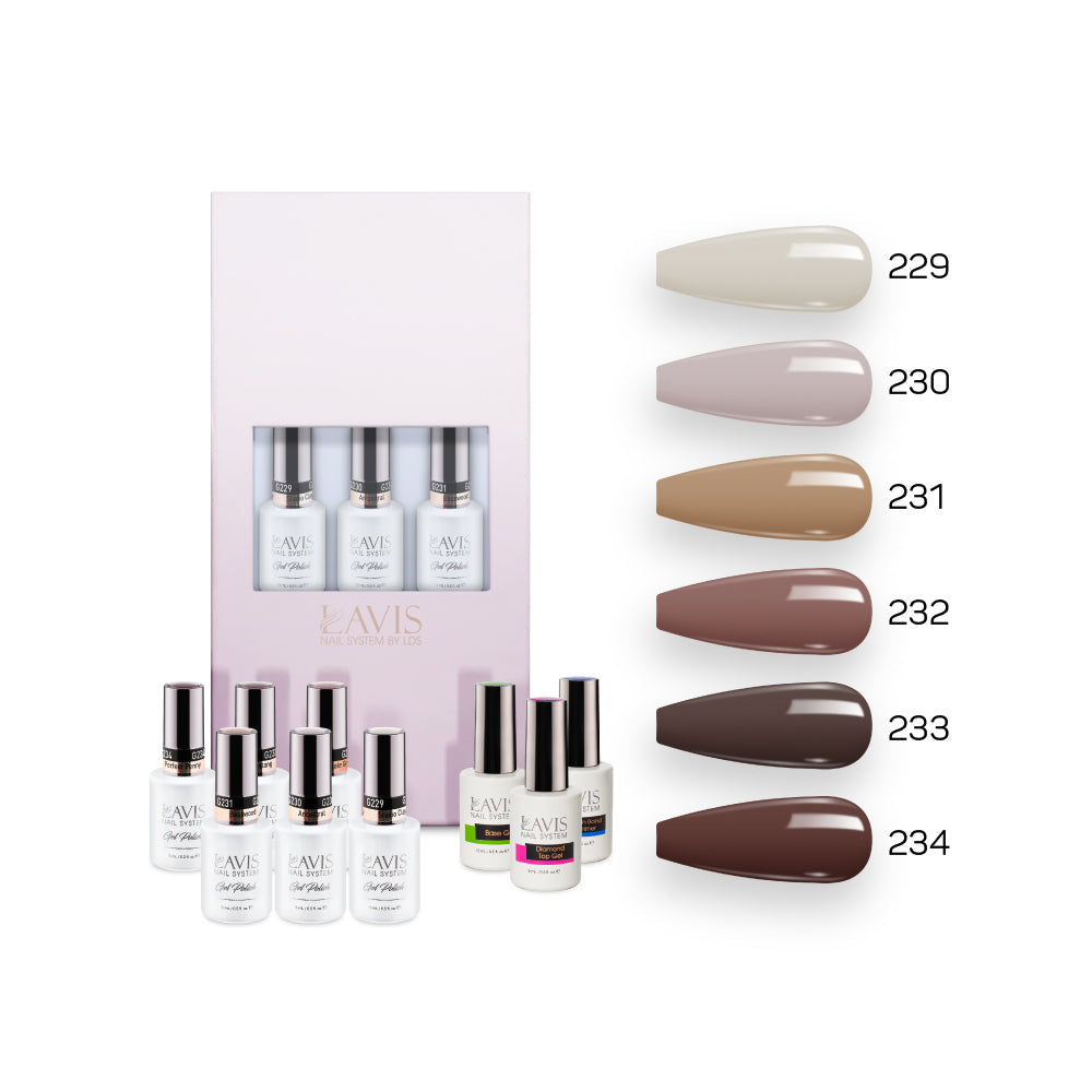 Lavis Nude Pastel 2022 Collection Gel Set 10: 6 Gel Polishes, 1 Base Gel, 1 Top Gel, 1 Protein Bond & Primer - 229; 230; 231; 232; 233; 234