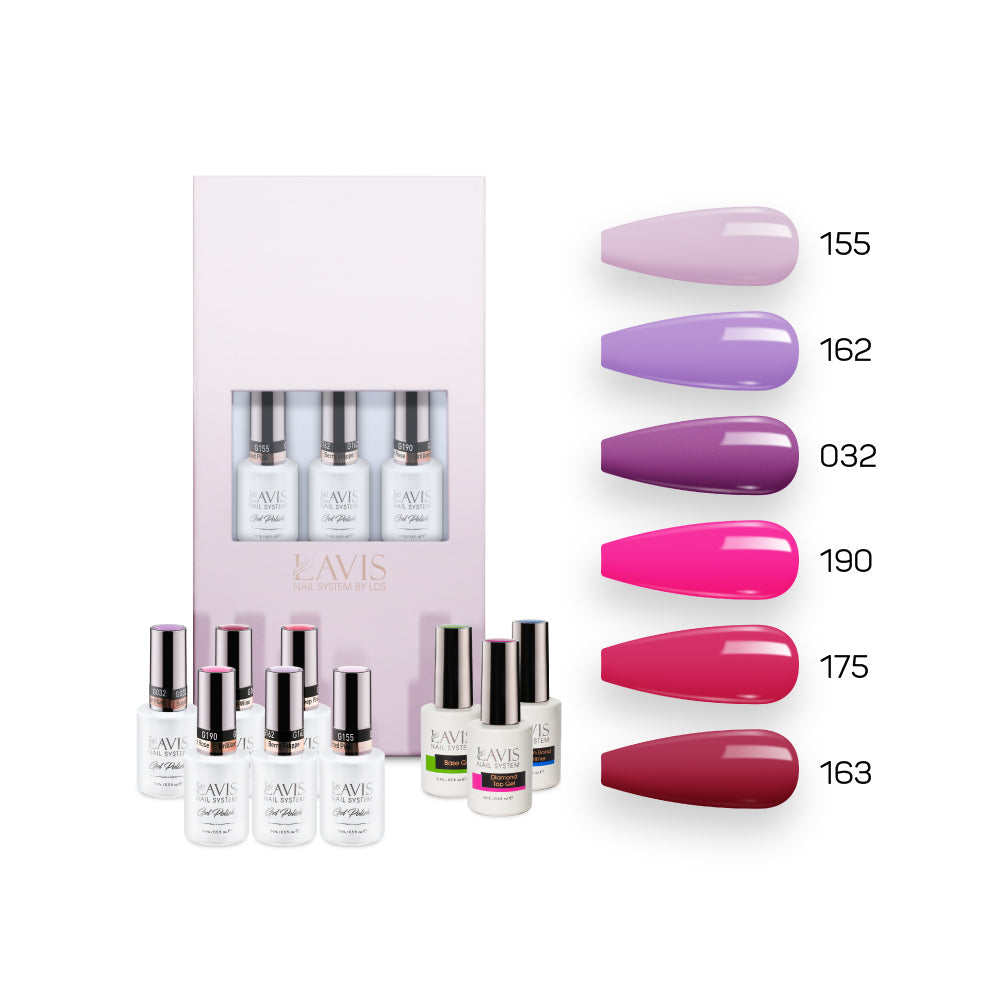 Lavis Nude Pastel 2022 Collection Gel Set 7: 6 Gel Polishes, 1 Base Gel, 1 Top Gel, 1 Protein Bond & Primer - 155; 162; 032; 190; 175; 163