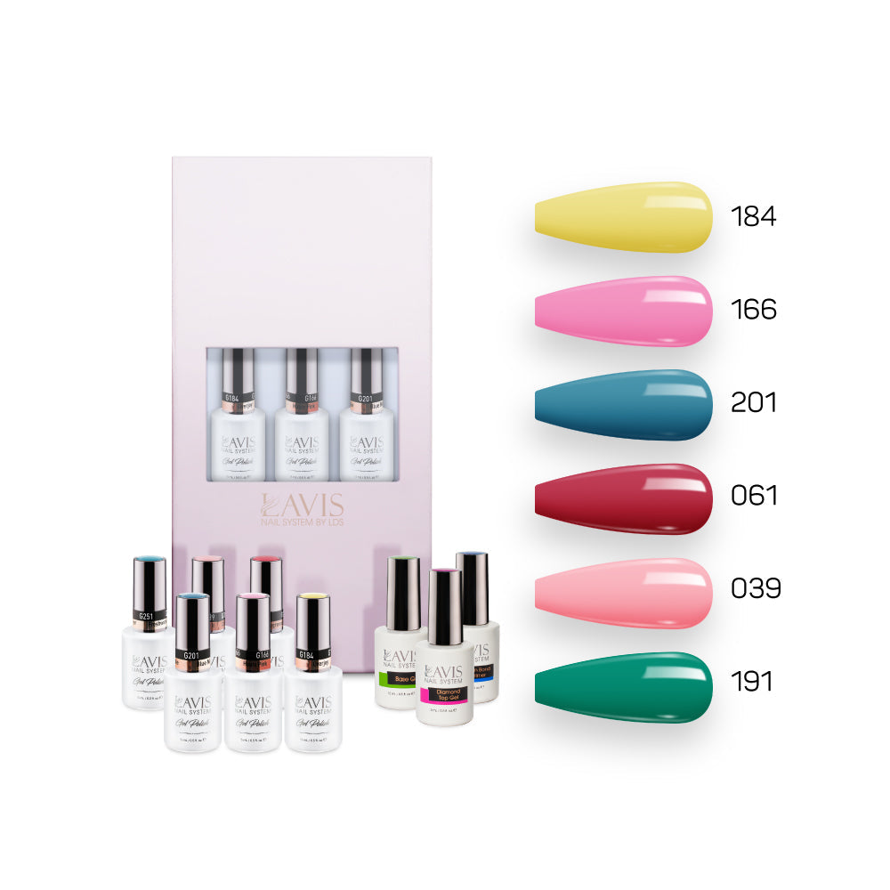 Lavis Summer Collection Gel Set 12: 6 Gel Polishes, 1 Base Gel, 1 Top Gel, 1 Protein Bond & Primer - 184; 166; 201; 061; 039; 191